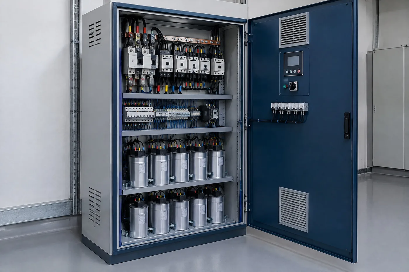 Banco automático de capacitores de baixa tensão instalado dentro de quadro elétrico — imagem ilustrativa