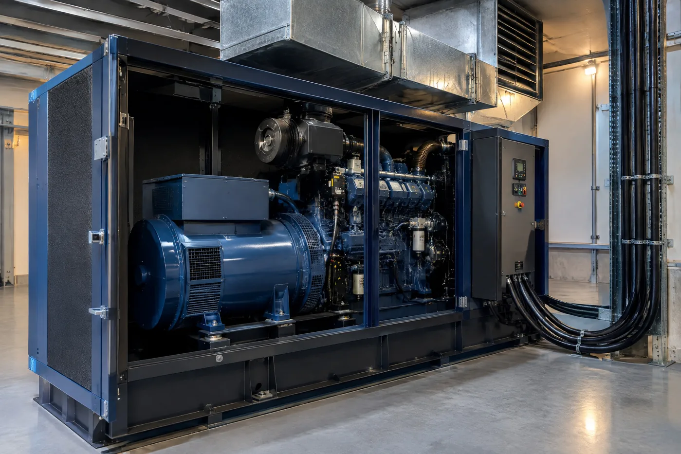 Gerador diesel industrial com painel de controle — imagem ilustrativa